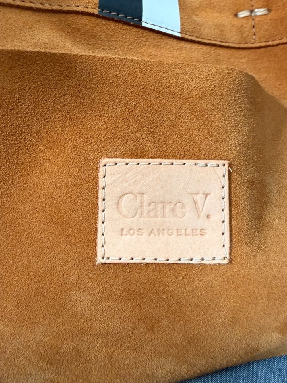 NWOT CLARE V Simple Tote in New Camel Suede with Black/White Stripes - Picture 8 of 9